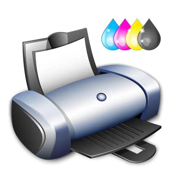 Het pictogram van de printer van de vector met inkt druppels — Stockvector