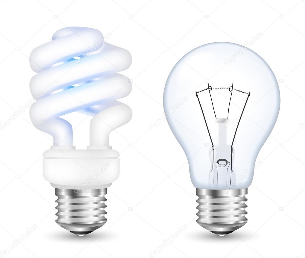 Fluorescent energy saving and incandescent light bulbs. Vector