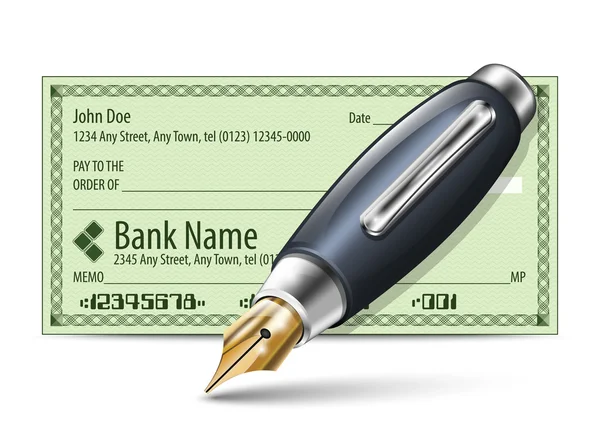 Ilustração vetorial de cheque bancário em branco e caneta-tinteiro — Vetor de Stock