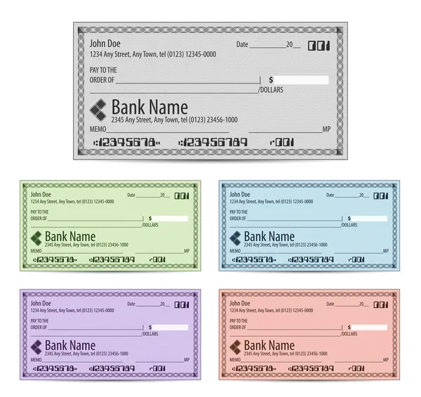 Ilustración vectorial de cheques bancarios en blanco en diferentes colores — Vector de stock