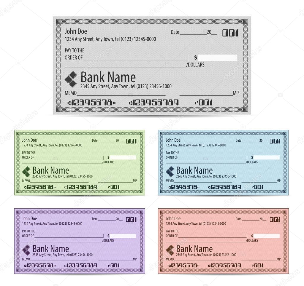 Vector illustration of blank bank checks in different colors stock
