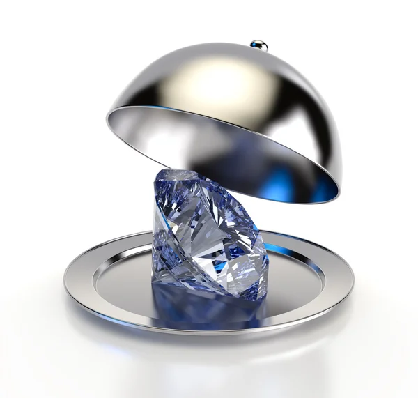 Big blue diamond on a metal tray — Stock Photo, Image