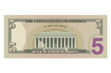 Beş dolarlık banknot, beş Amerikan doları banknot, ters yüz. USD 'nin sadeleştirilmiş vektör çizimi beyaz bir arkaplanda izole edildi