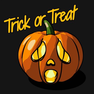 Karanlık bir gece geçmişinde şeker mi şaka mı mesajı olan korkutucu balkabağı kafası. Cadılar Bayramı arkaplanlarını, posterleri ve tebrik kartlarını kullan. Vektör illüstrasyonu