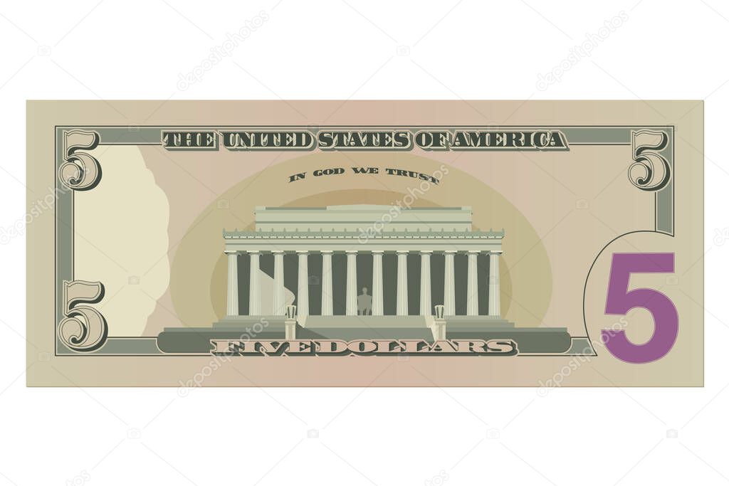 Five dollar bill, 5 US dollars banknote, reverse side. Simplified vector illustration of USD isolated on a white background