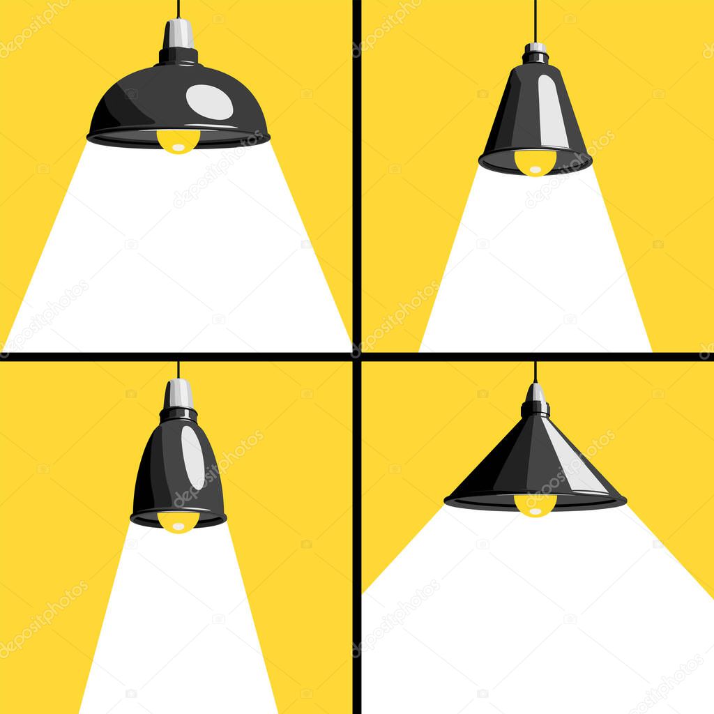 Set of four different pendant lamps with a rays of white light on a yellow background. Vector illustration