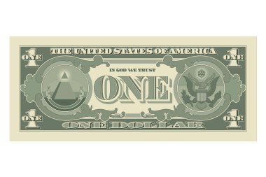 Bir dolarlık banknot, bir Amerikan doları banknot, arkadan, tersten. USD 'nin sadeleştirilmiş vektör çizimi beyaz bir arkaplanda izole edildi
