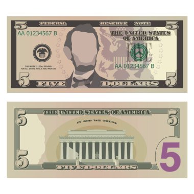 5 dolarlık banknot, 5 dolar banknot, ters ve tersten. USD 'nin sadeleştirilmiş vektör çizimi beyaz bir arkaplanda izole edildi