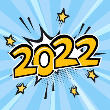 2022 Mutlu Yıllar ve Mutlu Noeller çizgi roman patlaması ya da konuşma balonu. Tebrik kartları, afişler, posterler, el ilanları ve takvimler için geçmişe dönük pop sanat tarzında vektör illüstrasyonu