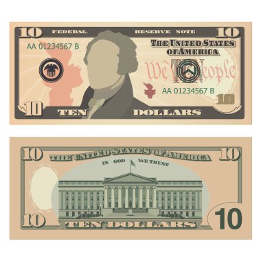 10 dolarlık banknot, 10 Amerikan doları banknot, ters ve tersten. USD 'nin sadeleştirilmiş vektör çizimi beyaz bir arkaplanda izole edildi