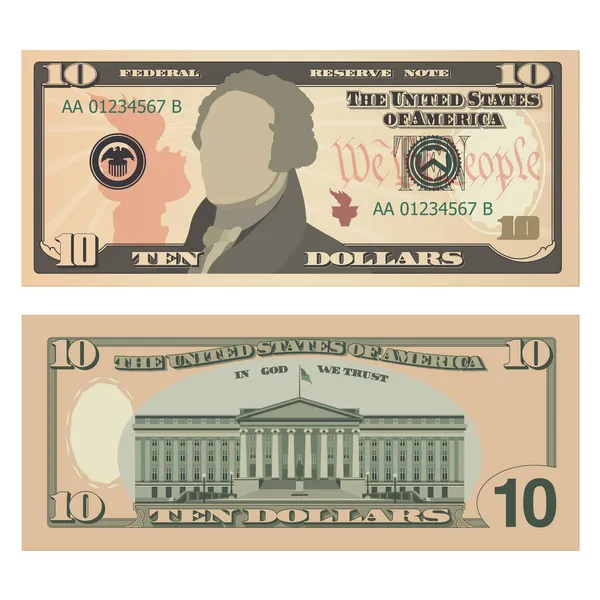 Ten Dollar Bill Dollars Banknote Obverse Reverse Simplified Vector Illustration Royalty Free Stock Vectors
