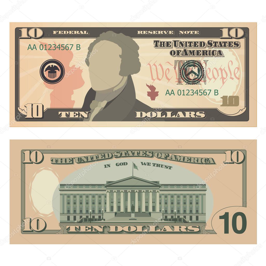 Ten dollar bill, 10 US dollars banknote, from obverse and reverse. Simplified vector illustration of USD isolated on a white background