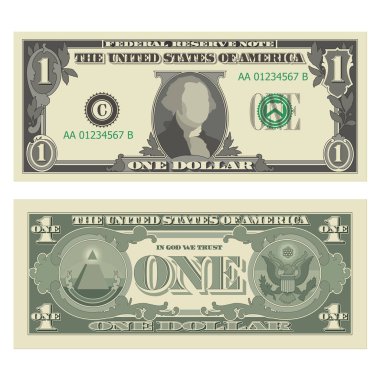 Bir dolar banknot, 1 Amerikan doları banknot, ters ve tersten. USD 'nin sadeleştirilmiş vektör çizimi beyaz bir arkaplanda izole edildi