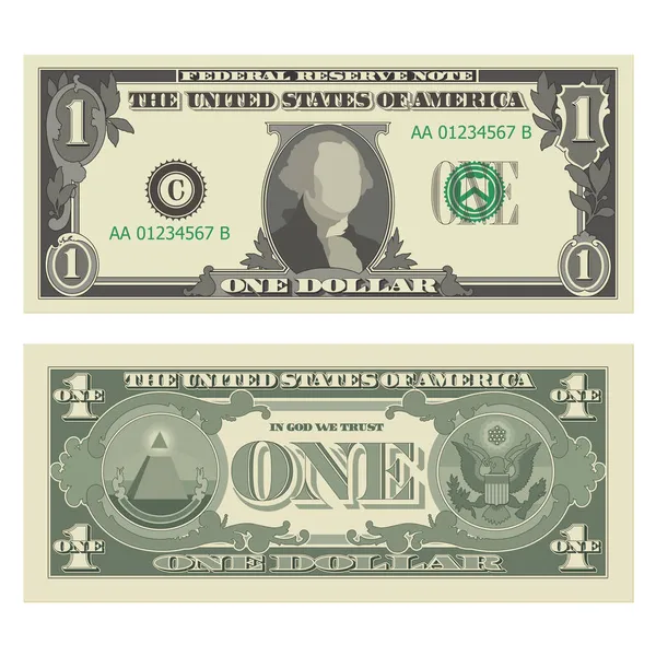 1美元钞票 1美元钞票 从背面和背面 在白色背景下孤立的美元的简化矢量说明 — 图库矢量图片