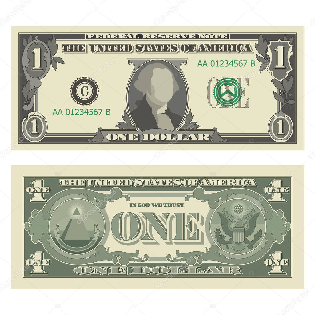 One dollar bill, 1 US dollar banknote, from obverse and reverse. Simplified vector illustration of USD isolated on a white background