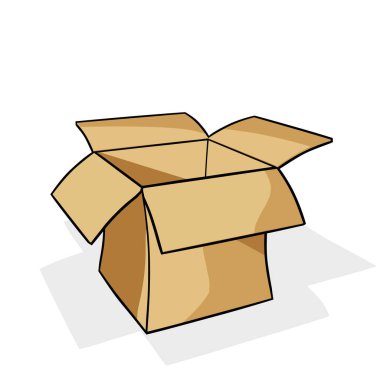 Beyaz arka planda gölgesi olan boş bir karton kutu. Çizgi film tarzında basit vektör çizimi