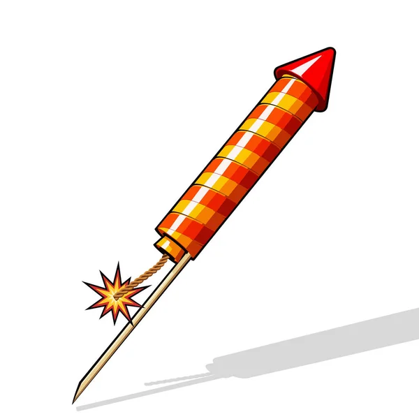 Raketa Ohňostroje Hořící Pojistkou Stínem Izolovaným Bílém Pozadí Vektorová Ilustrace — Stockový vektor