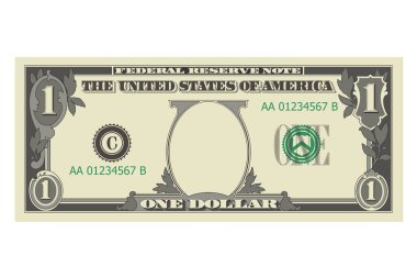 Washington 'ın portresi olmadan bir dolarlık banknot. 1 dolarlık banknot. Bir hatıra için şablon ya da maket yap. Beyaz arkaplanda izole edilmiş vektör illüstrasyonu