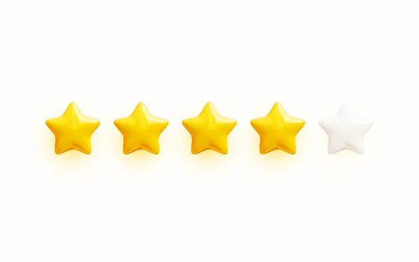五つ星 光沢のある黄色の星の形 顧客フィードバックまたは顧客レビューのコンセプト 現実的な3Dベクトル図 — ストックベクタ