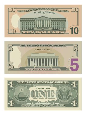10 dolar, 5 dolar ve 1 dolarlık banknotlar ters taraftan. 10, 5 ve 1 Amerikan doları. İş, bankacılık ve başarı kavramı. Vektör illüstrasyonu beyaz arkaplanda izole edildi