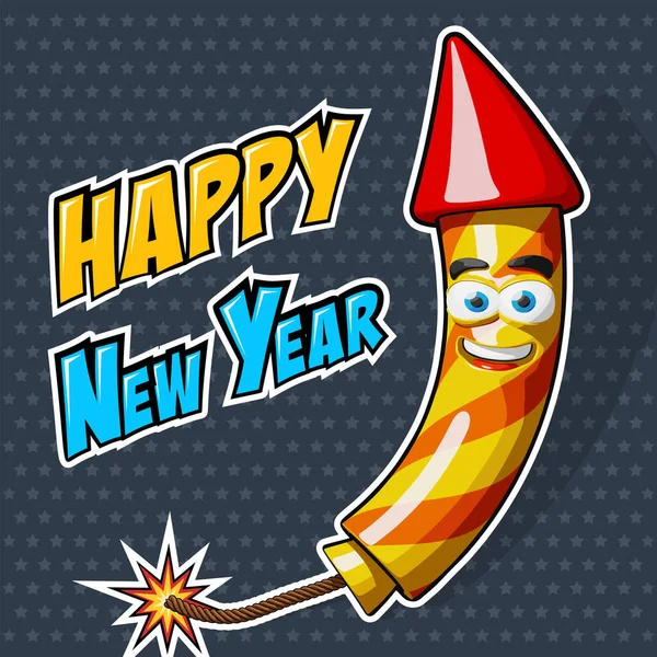 Fireworks Raketa Komiksovém Kresleném Stylu Zapálenou Pojistkou Textem Šťastný Nový — Stockový vektor
