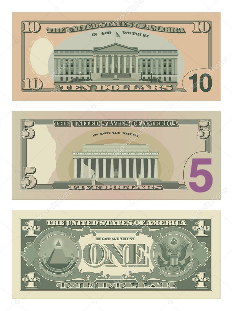 Set of ten dollars, five dollars and one dollar bills from reverse side. 10, 5 and 1 US dollars banknotes. Business, banking and success concept. Vector illustration isolated on white background