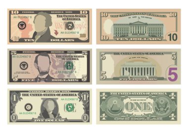 İki taraftan da 10 dolar, 5 dolar ve 1 dolarlık banknotlar. 10, 5 ve 1 Amerikan doları. İş, bankacılık ve başarı kavramı. Beyaz arkaplanda USD vektör illüstrasyonu izole edildi
