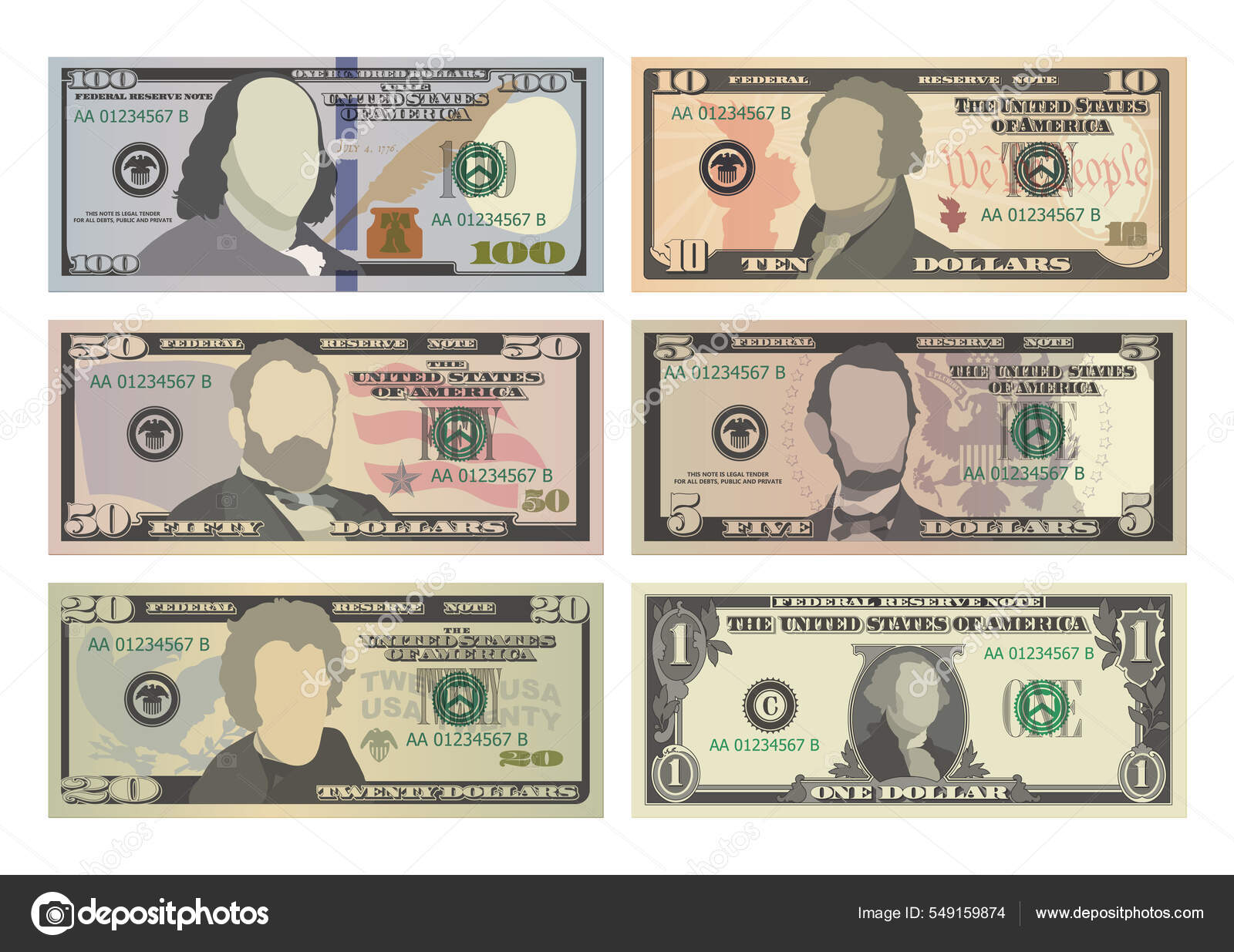 一套100元50元20元10元5元和1元的汇票100 5和1美元钞票在白色背景下孤立的美元的矢量说明图库矢量图©RealVector 549159874