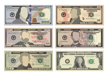 Yüz, elli, yirmi, on, beş dolar ve bir dolarlık banknotlar seti. 100, 50, 20, 10, 5 ve 1 Amerikan doları. Beyaz arkaplanda USD vektör illüstrasyonu izole edildi