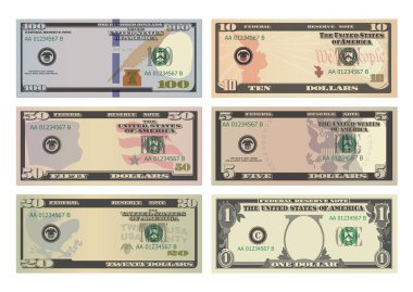 Yüz, elli, yirmi, on, beş dolarlık banknotlar ve bir dolarlık banknotlar. 100, 50, 20, 10, 5 ve 1 Amerikan doları. Bir hatıra için şablon ya da maket yap