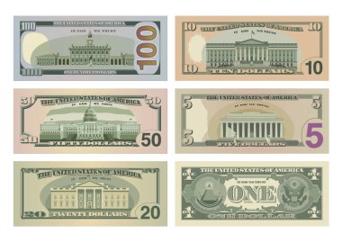 Yüz, elli, yirmi, on, beş dolar ve bir dolarlık banknotlar ters taraftan. 100, 50, 20, 10, 5 ve 1 Amerikan doları. Beyaz arkaplanda USD vektör illüstrasyonu izole edildi