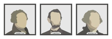 Alexander Hamilton, Abraham Lincoln ve George Washington, Amerika Birleşik Devletleri politikacıları ve başkanları. Beyaz arkaplanda biçimlendirilmiş vektör portreleri