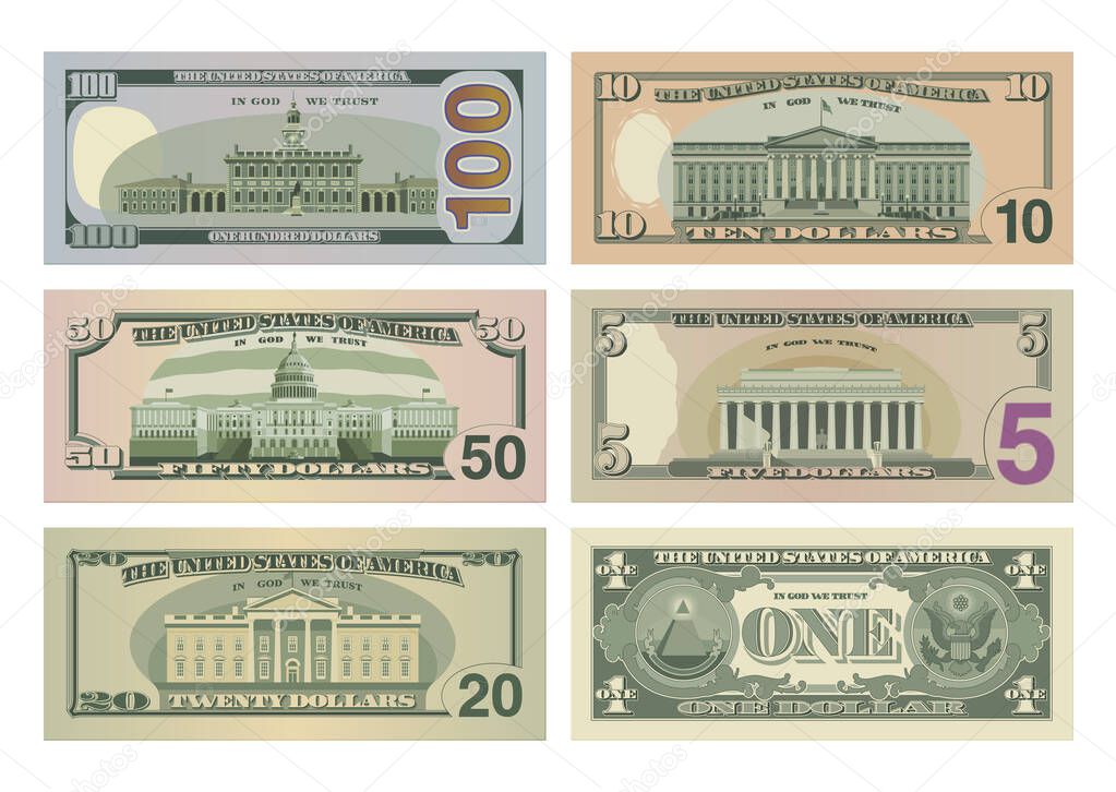 Set of One Hundred, Fifty, Twenty, Ten, Five Dollars and One Dollar bills from reverse side. 100, 50, 20, 10, 5 and 1 US dollars banknotes. Vector illustration of USD isolated on white background