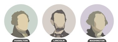 George Washington, Abraham Lincoln ve Alexander Hamilton, Amerika Birleşik Devletleri politikacıları ve başkanları. Beyaz arkaplanda biçimlendirilmiş vektör portreleri