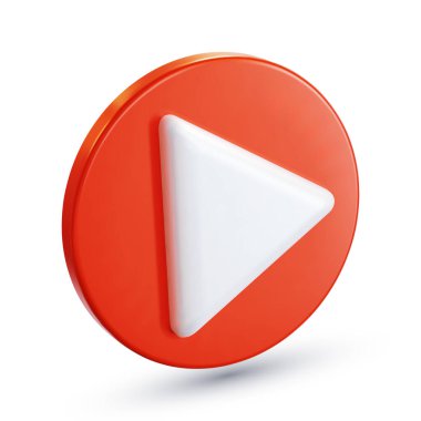 Bakış açısına göre kırmızı oynat düğmesi. Video oynatıcı simgesi konsepti. Beyaz arkaplanda izole edilmiş gerçekçi 3B vektör illüstrasyonu