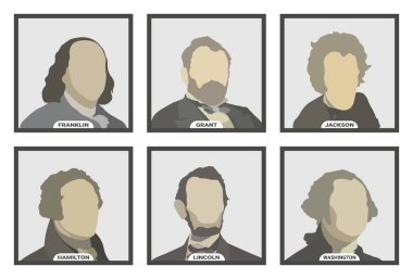 Benjamin Franklin, Ulysses S. Grant, Andrew Jackson, Alexander Hamilton, Abraham Lincoln ve George Washington, Amerika Birleşik Devletleri politikacıları ve başkanları. Biçimlendirilmiş vektör portreleri