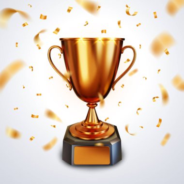 Bronz kupa ya da yazı için boş bir bronz kapla bronz renkli konfeti. Gerçekçi 3B vektör illüstrasyonu