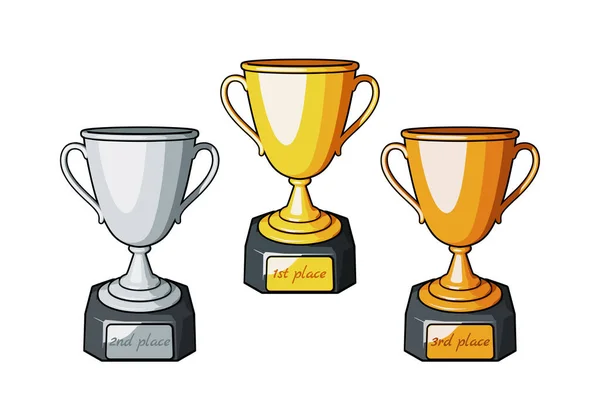 一套金 青铜奖杯杯或冠军杯 比赛中第一 第二和第三 白色背景漫画风格的矢量插图 — 图库矢量图片