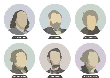Benjamin Franklin, Ulysses S. Grant, Andrew Jackson, Alexander Hamilton, Abraham Lincoln and George Washington, politicians and Presidents of the United States of America. Stylized portraits set clipart