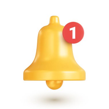 Yeni bildirim ile bildirim çanı simgesi. Gerçekçi sarı çan, sosyal medyada yeni bir mesaj bildirim kavramı, anında kurye ya da e-posta. Beyaz arkaplanda 3d vektör çizimi