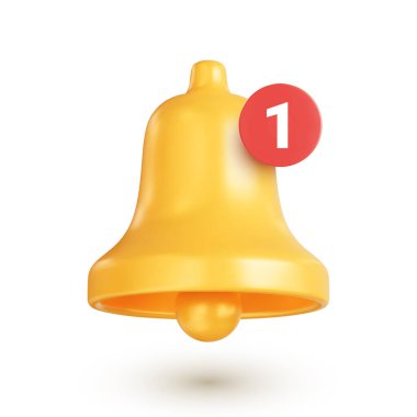 Yeni bildirim ile bildirim çanı simgesi. Gerçekçi altın çan, sosyal medyada yeni bir mesaj bildirim kavramı, anında kurye veya e-posta. Beyaz arkaplanda 3d vektör çizimi