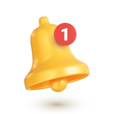 Tebligat sayacı ile bildirim simgesi. Gerçekçi altın çan, sosyal medyada yeni bir mesaj bildirim kavramı, anında kurye veya e-posta. Beyaz arkaplanda 3d vektör illüstrasyonu