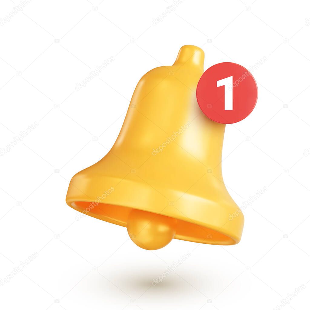Bell icon with notification counter. Realistic golden bell, concept of a new message notification in social media, instant messengers or email. 3d vector illustration on white background