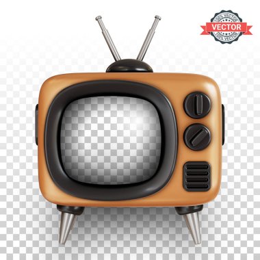 Retro TV ya da stilize çizgi film tarzında şeffaf ızgarada izole edilmiş klasik televizyon simgesi. Gerçekçi 3d vektör illüstrasyonu