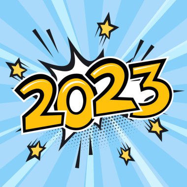 2023 Mutlu Yıllar ve Mutlu Noeller çizgi roman patlaması ya da konuşma balonu. Tebrik kartları, afişler, posterler, el ilanları ve takvimler için geçmişe dönük pop sanat tarzında vektör illüstrasyonu