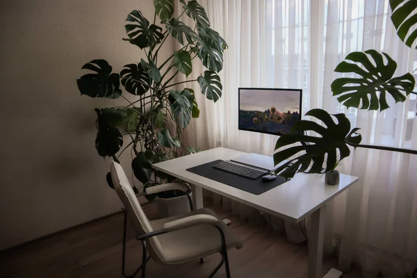 Lugar Trabajo Con Ordenador Portátil Monitor Casa Minimalismo Elegante Interior —  Fotos de Stock