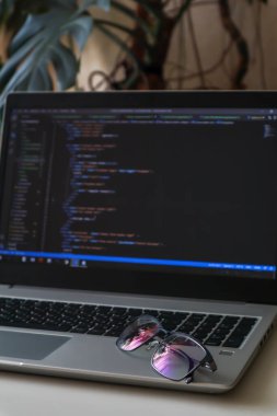 Mans gözlükleri evde şifreli bir dizüstü bilgisayarın üzerinde duruyor. Bitkileri olan ev ofisi.