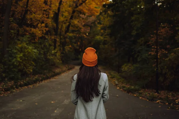 Back view of young girl walking alone on the street in autumn — Stock Photo, Image