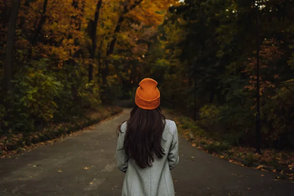 Visão traseira da menina andando sozinha na rua no outono — Fotografia de Stock