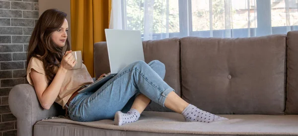 Banner Young Woman Drinking Cup Coffee Working Home Girl Thinking — Stock Photo, Image